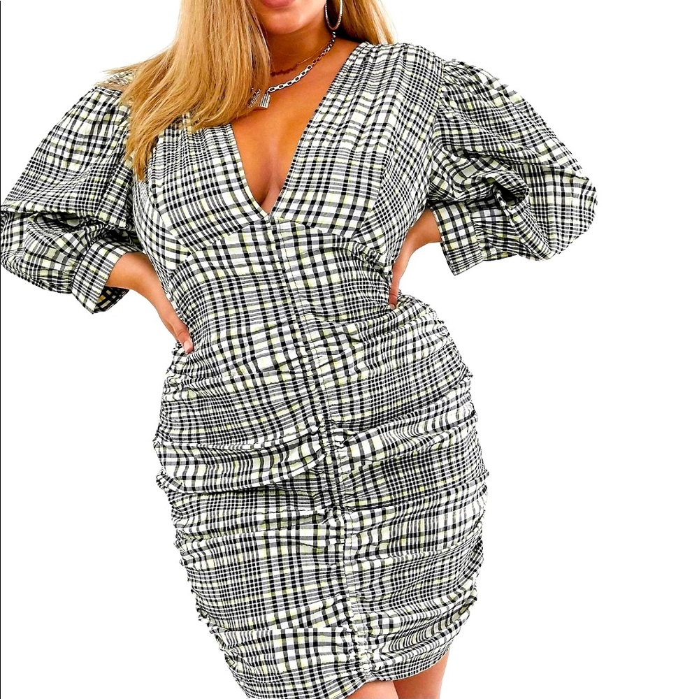 Ruched Mini Dress w. Puff Sleeves (Check Print)